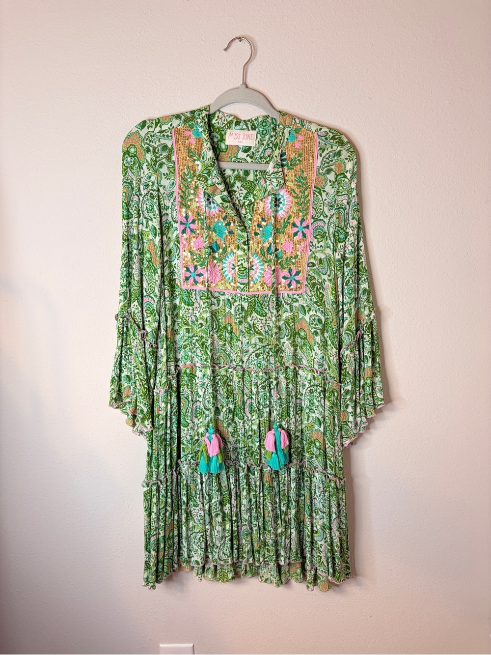 Miss June Boho Green Paisley Embroidered Tunic Dress